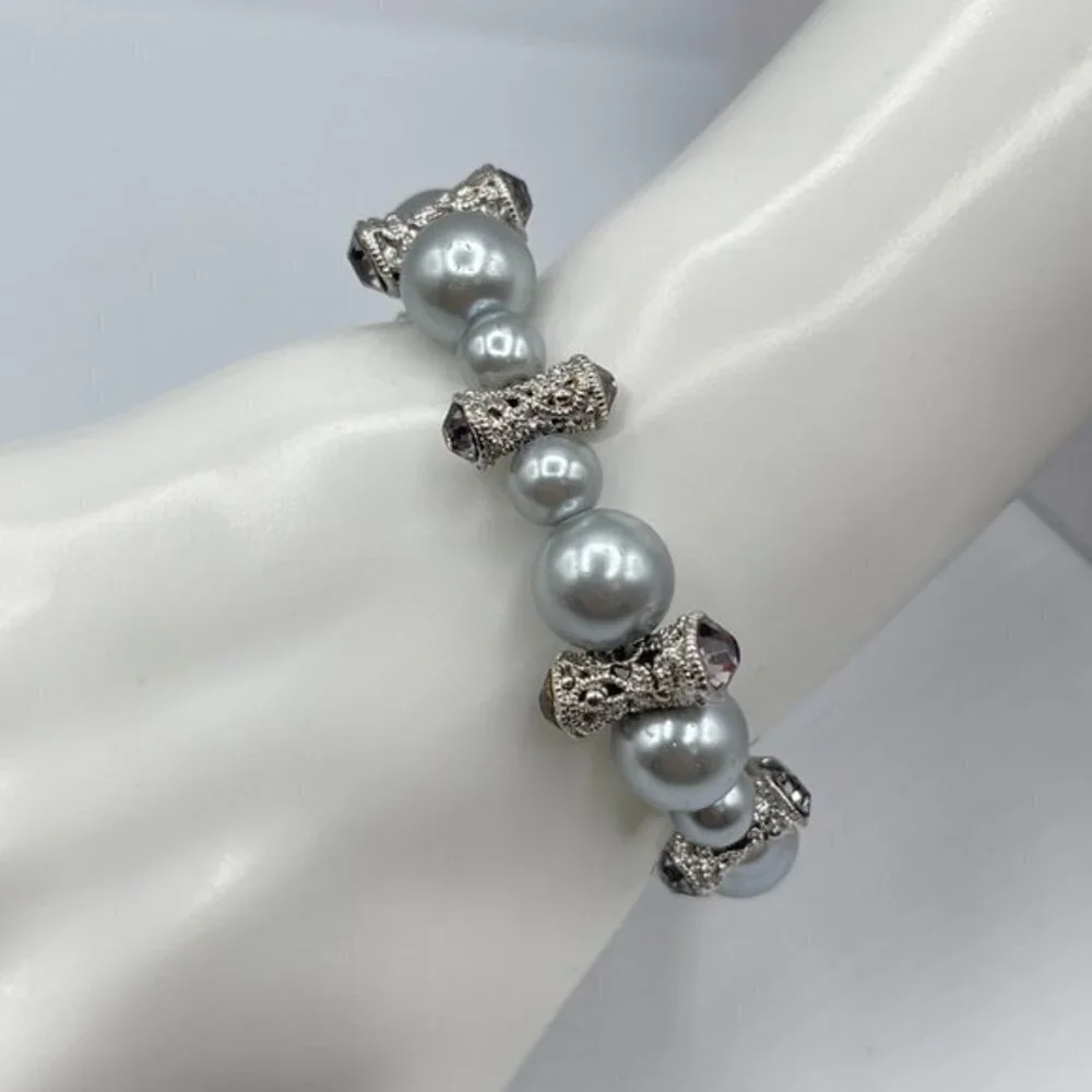 Gennaro Imitation Pearl Silver Diamond Bracelet in Gray and Silver
